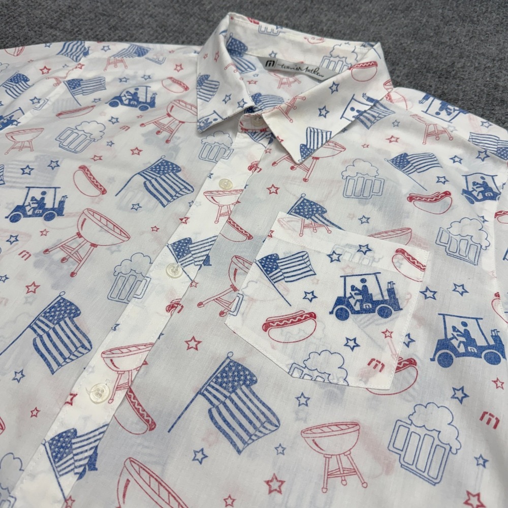 Travis Mathew Shirt Mens XL Red White Blue USA Flag BBQ Beer Golf Patriotic AOP